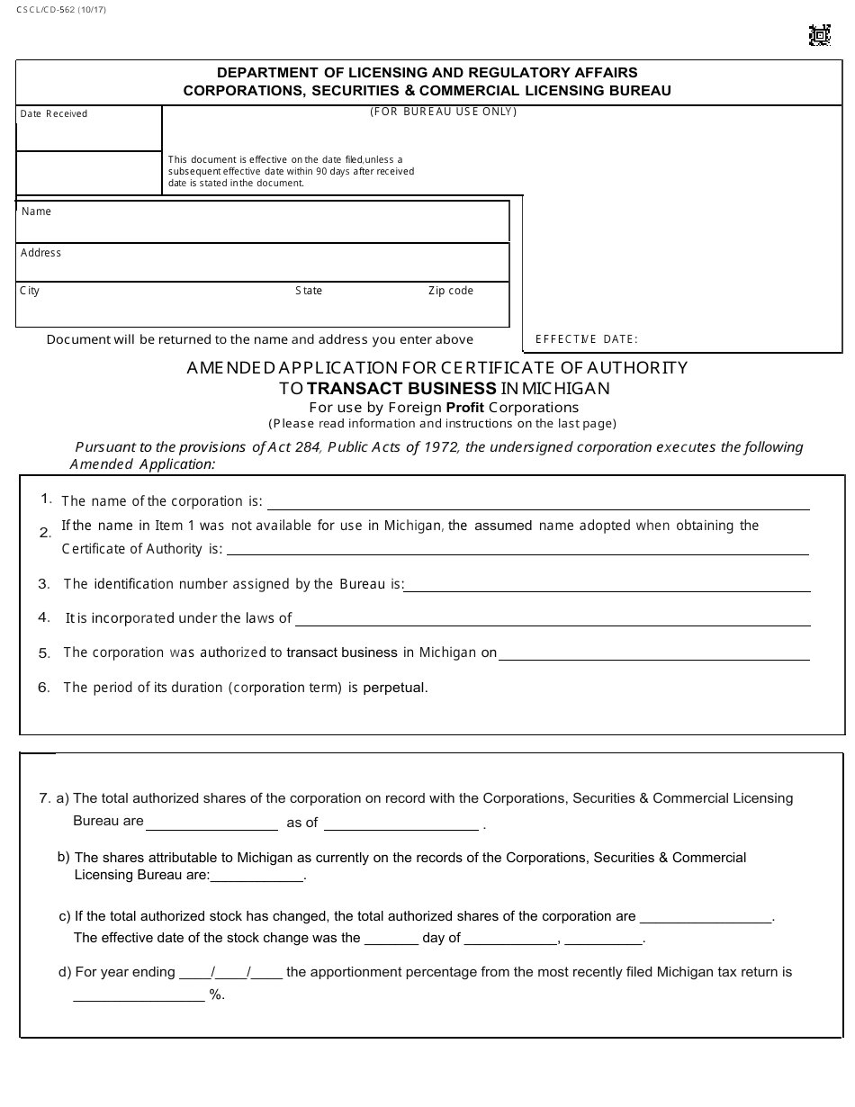 Form CSCL / CD-562 Amended Application for Certificate Ofauthority to Transact Business in Michigan for Use by Foreign Profit Corporations - Michigan, Page 1