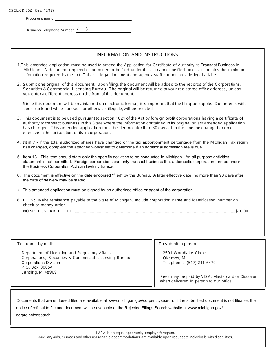 Form CSCL / CD-562 Amended Application for Certificate Ofauthority to Transact Business in Michigan for Use by Foreign Profit Corporations - Michigan, Page 3