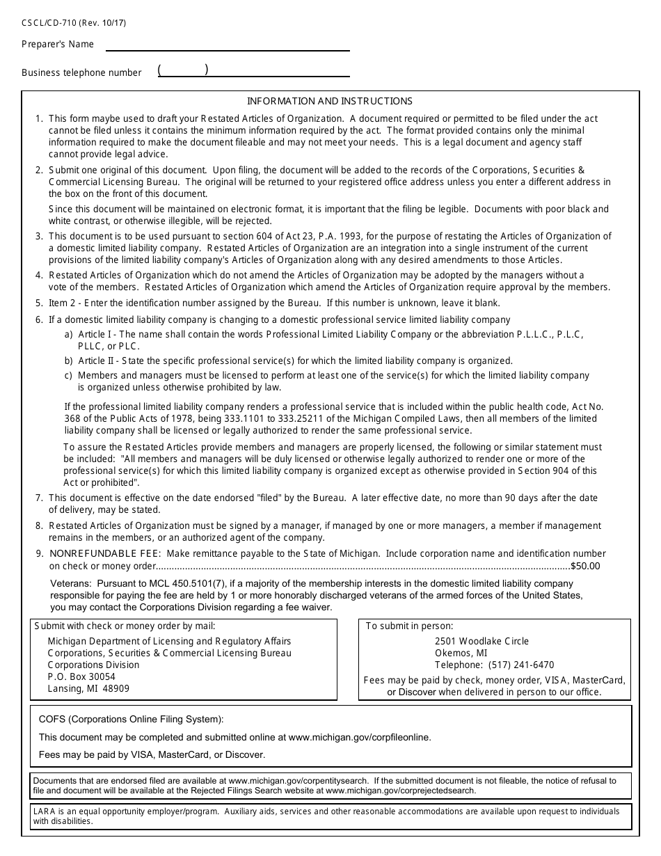 Form CSCL / CD-710 Restated Articles of Organization for Use by Domestic Limited Liability Companies - Michigan, Page 3