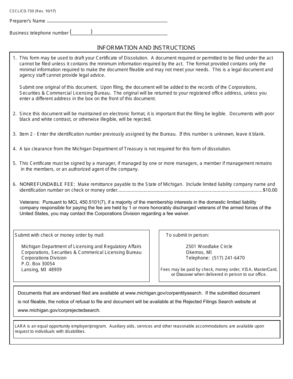 Form CSCL / CD-730 Certificate of Dissolution for Use by Limited Liability Companies - Michigan, Page 2