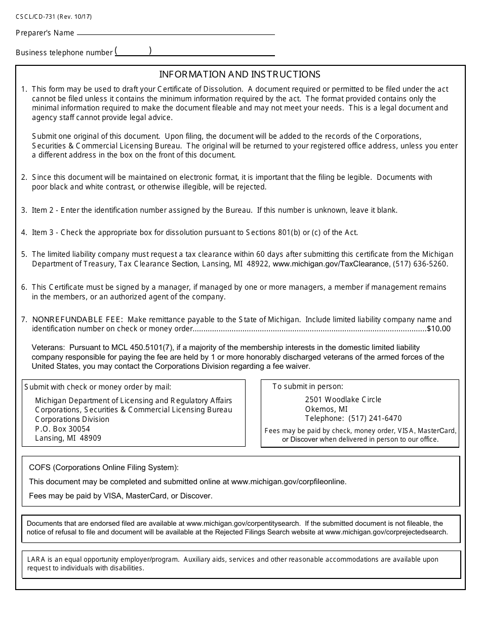Form CSCL / CD-731 Certificate of Dissolution for Use by Limited Liability Companies - Michigan, Page 2
