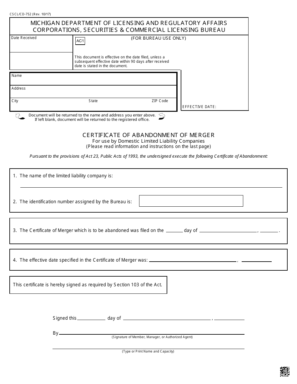 Form CSCL / CD-752 Certificate of Abandonment of Merger for Use by Domestic Limited Liability Companies - Michigan, Page 1