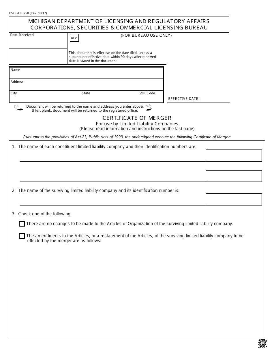 Form CSCL / CD-750 Certificate of Merger for Use by Limited Liability Companies - Michigan, Page 1