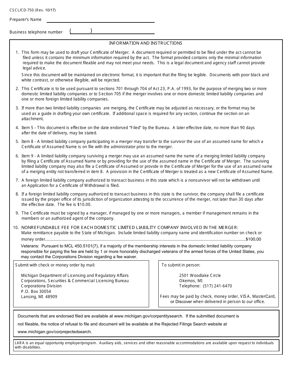 Form CSCL / CD-750 Certificate of Merger for Use by Limited Liability Companies - Michigan, Page 3