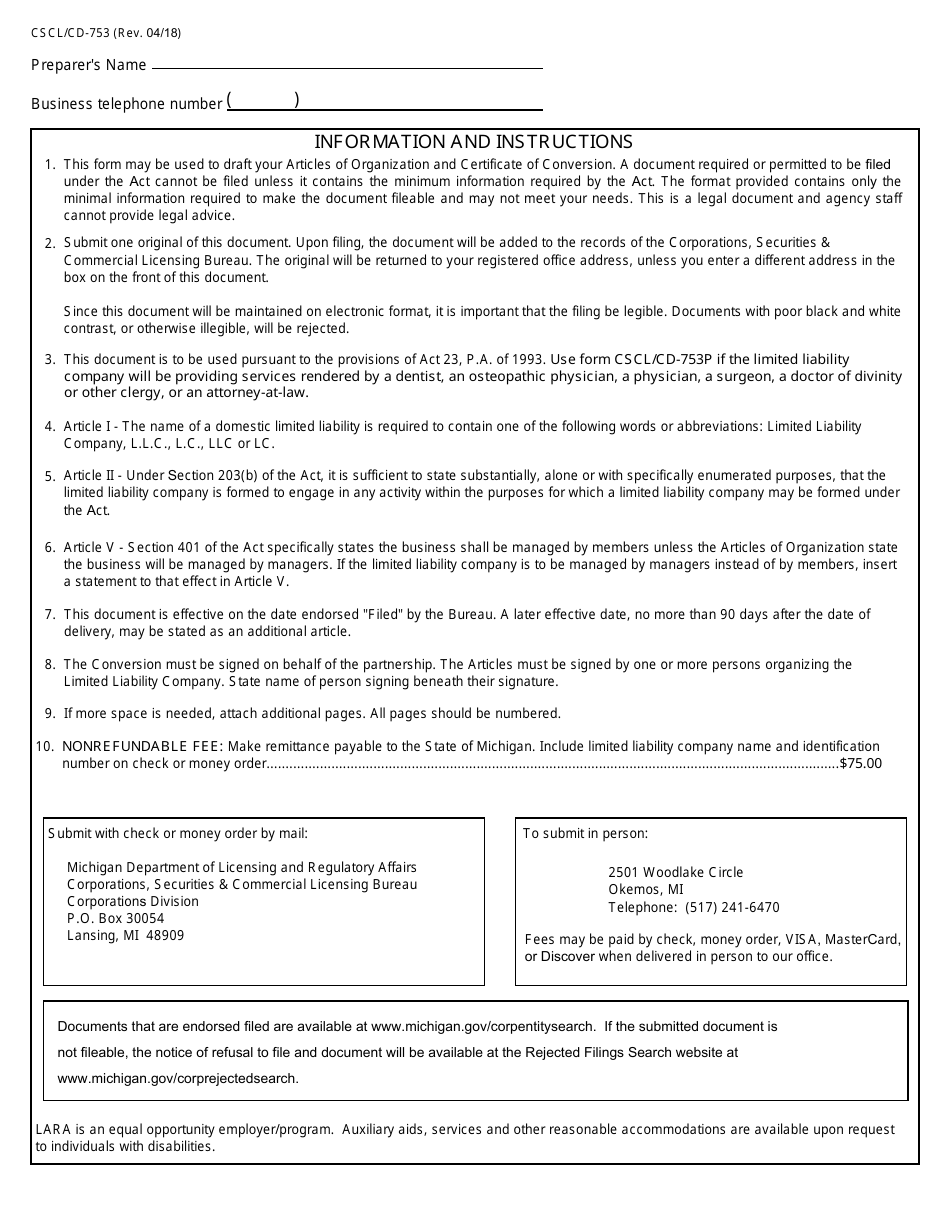 Form CSCL / CD-753 Articles of Organization and Certificate of Conversion for Use by Domestic Partnerships or Domestic Limited Partnerships to Convert to a Domestic Limited Liability Company - Michigan, Page 3
