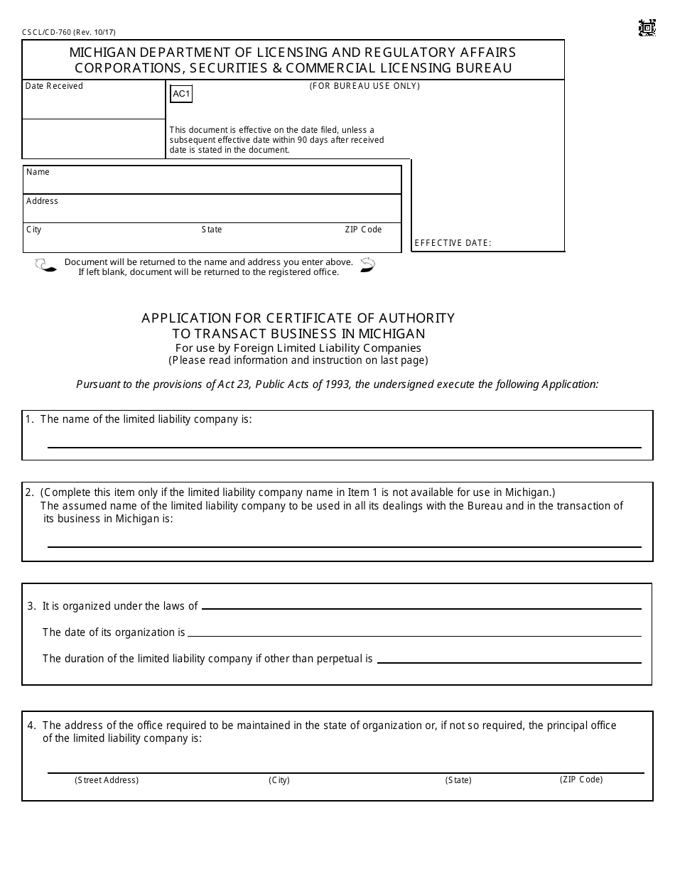 Form CSCL / CD-760 Application for Certificate of Authority to Transact Business in Michigan for Use by Foreign Limited Liability Companies - Michigan, Page 1