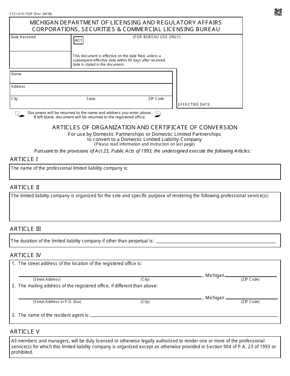 Form CSCL / CD-753P Articles of Organization and Certificate of Conversion - Michigan, Page 1
