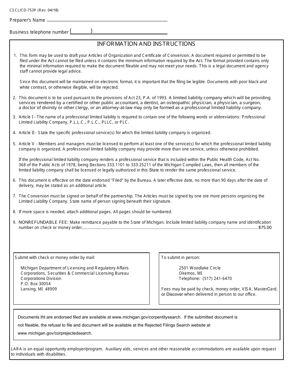 Form CSCL / CD-753P Articles of Organization and Certificate of Conversion - Michigan, Page 3