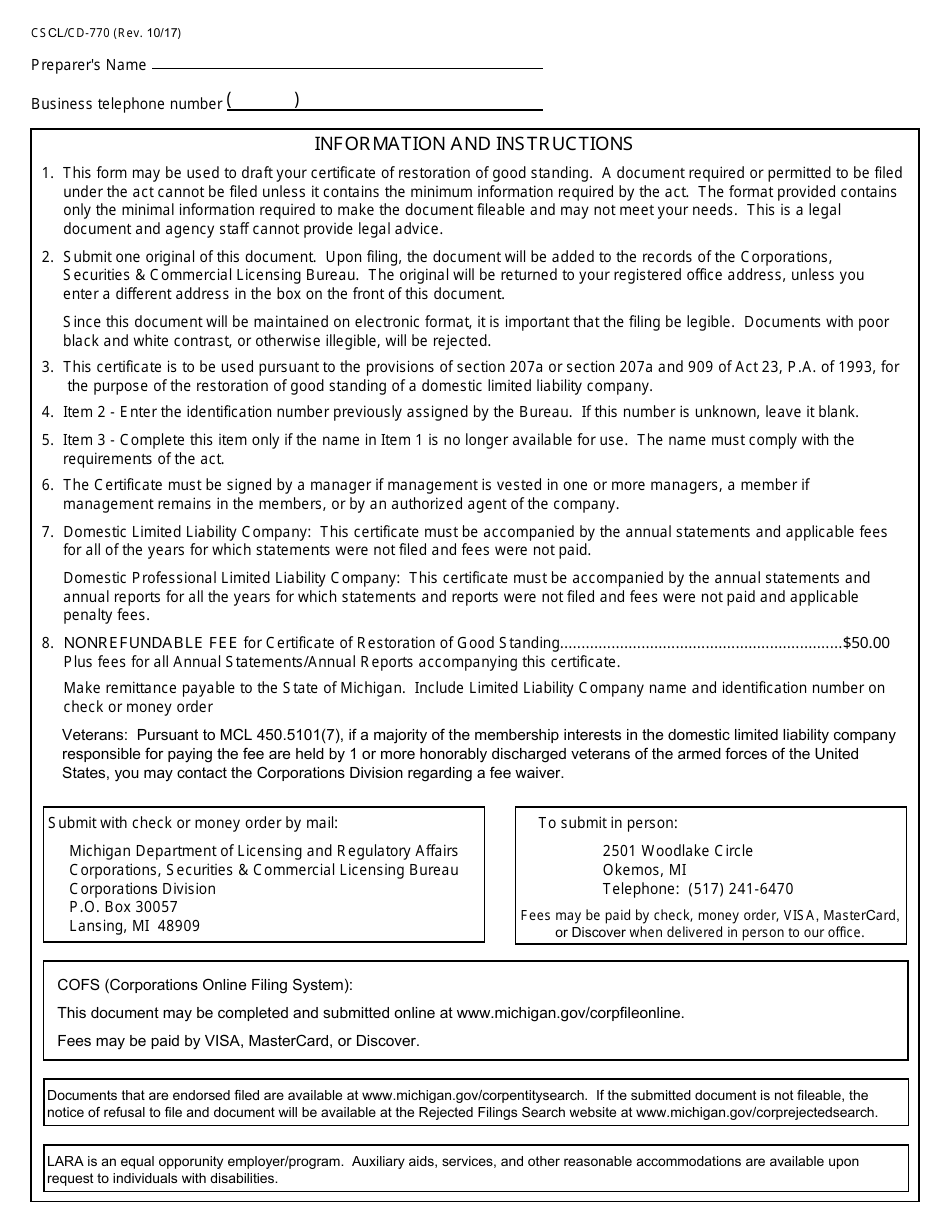 Form CSCL / CD-770 Certificate of Restoration of Good Standing for Use by Domestic Limited Liability Companies - Michigan, Page 2