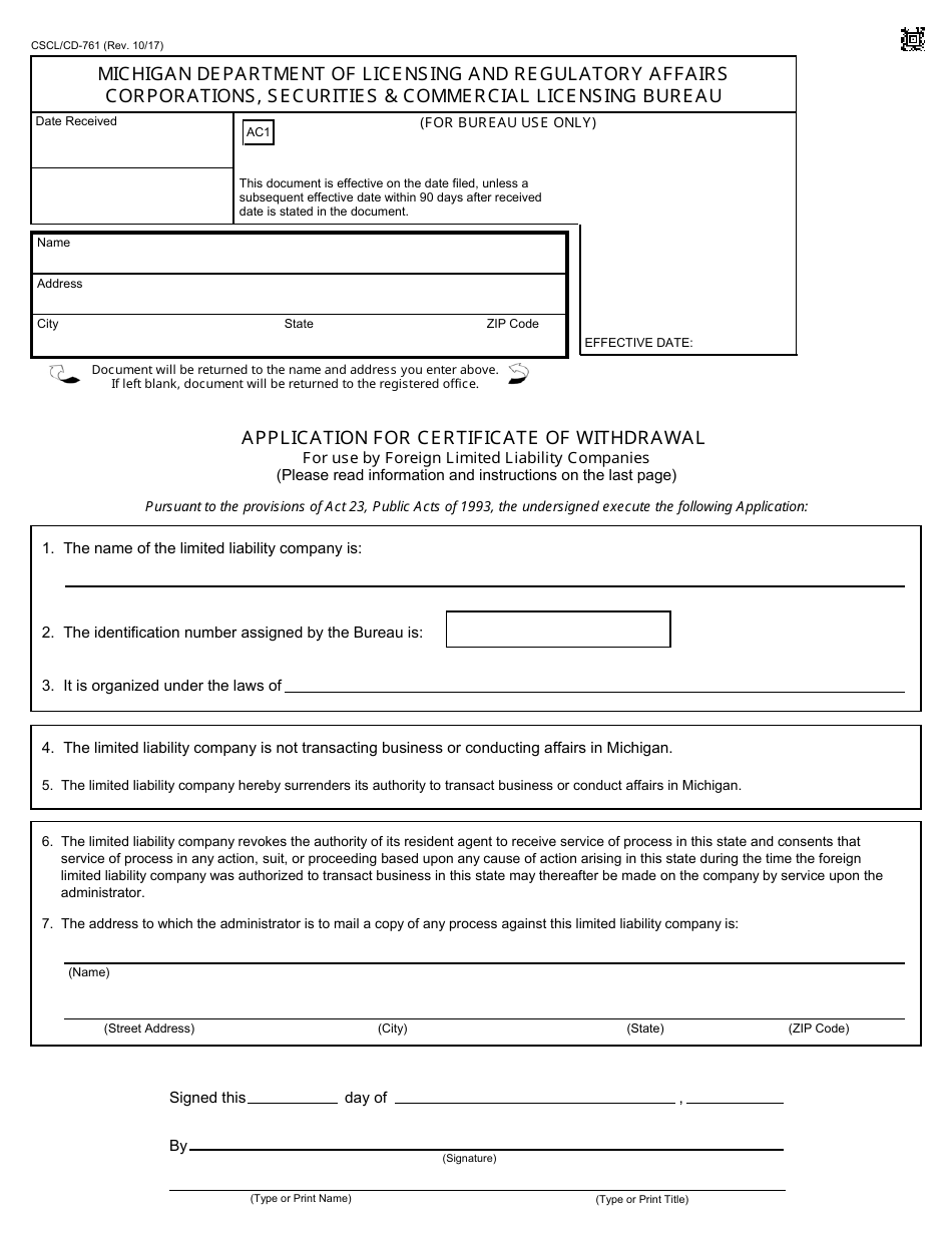 Form CSCL / CD-761 Application for Certificate of Withdrawal for Use by Foreign Limited Liability Companies - Michigan, Page 1