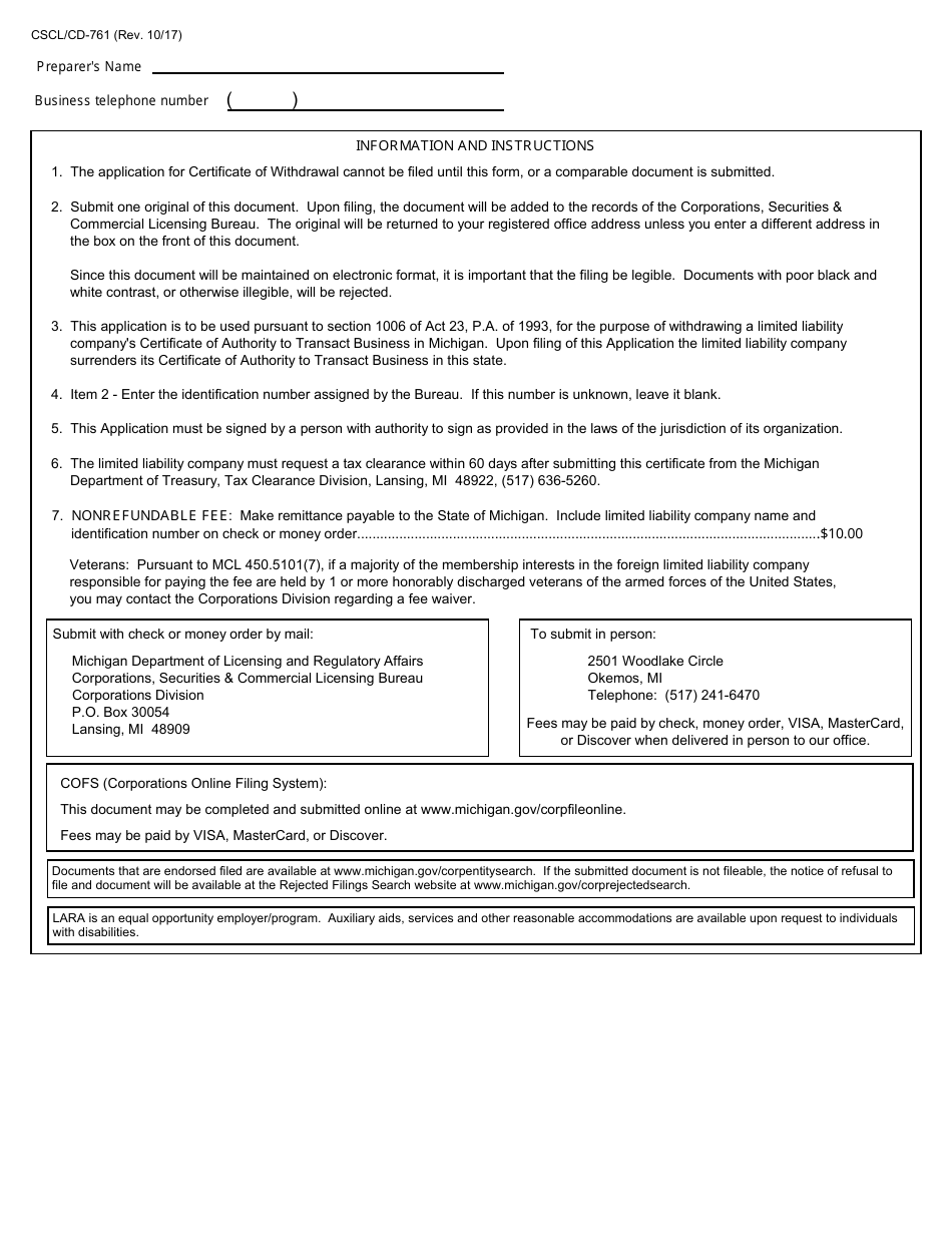 Form CSCL / CD-761 Application for Certificate of Withdrawal for Use by Foreign Limited Liability Companies - Michigan, Page 2