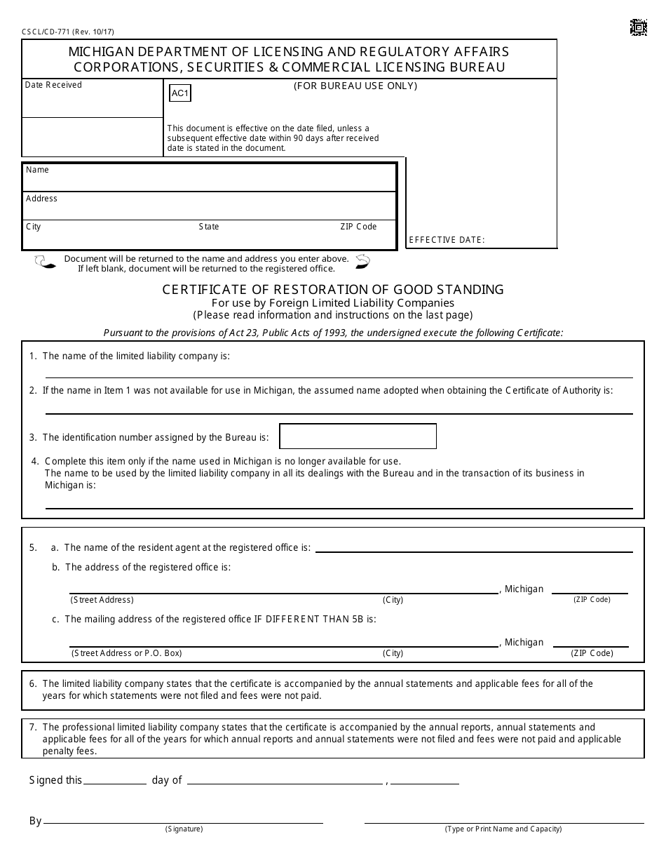 Form CSCL / CD-771 Certificate of Restoration of Good Standing for Use by Foreign Limited Liability Companies - Michigan, Page 1