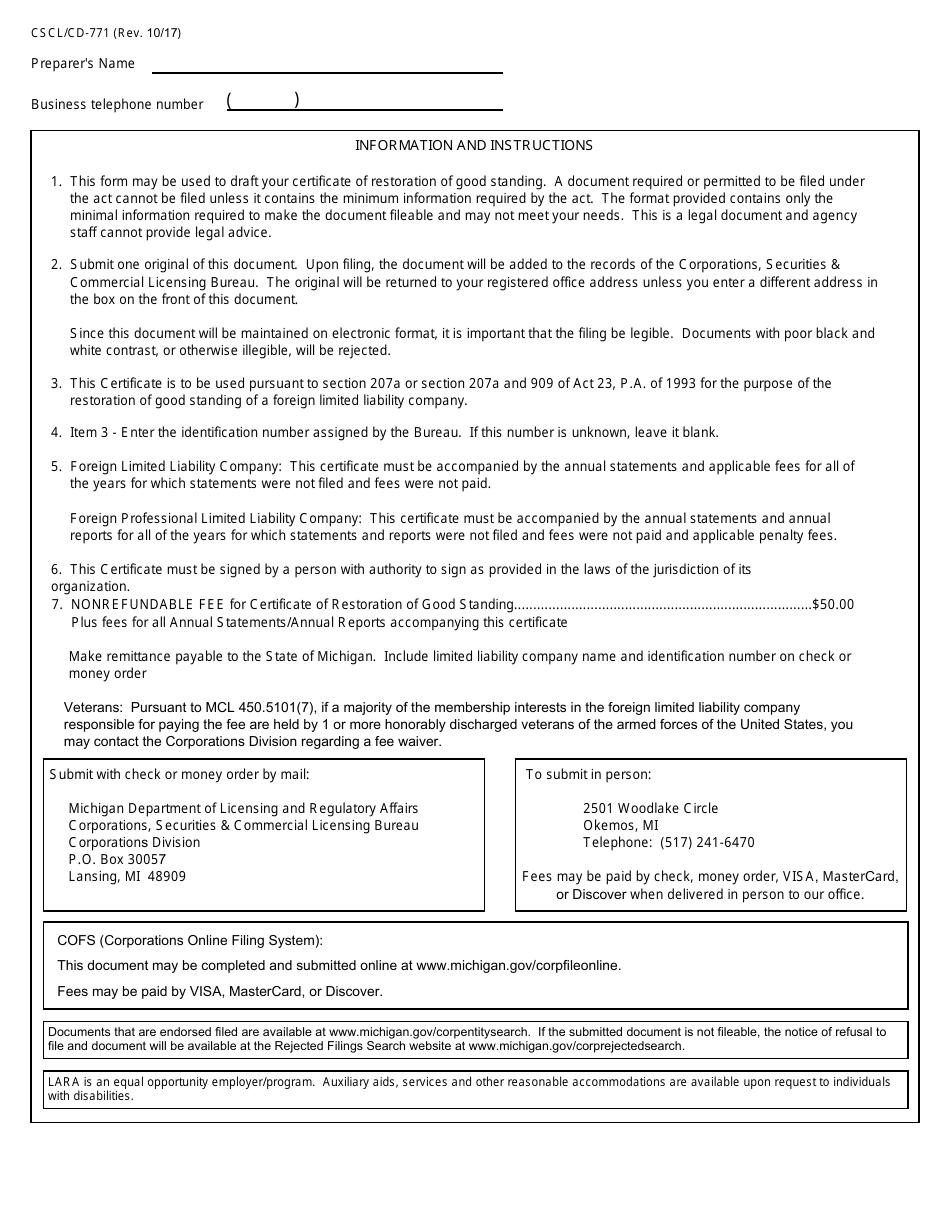 Form CSCL / CD-771 Certificate of Restoration of Good Standing for Use by Foreign Limited Liability Companies - Michigan, Page 2