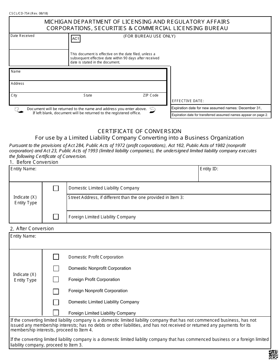 Form CSCL / CD-754 Certificate of Conversion for Use by a Limited Liability Company Converting Into a Business Organization - Michigan, Page 1