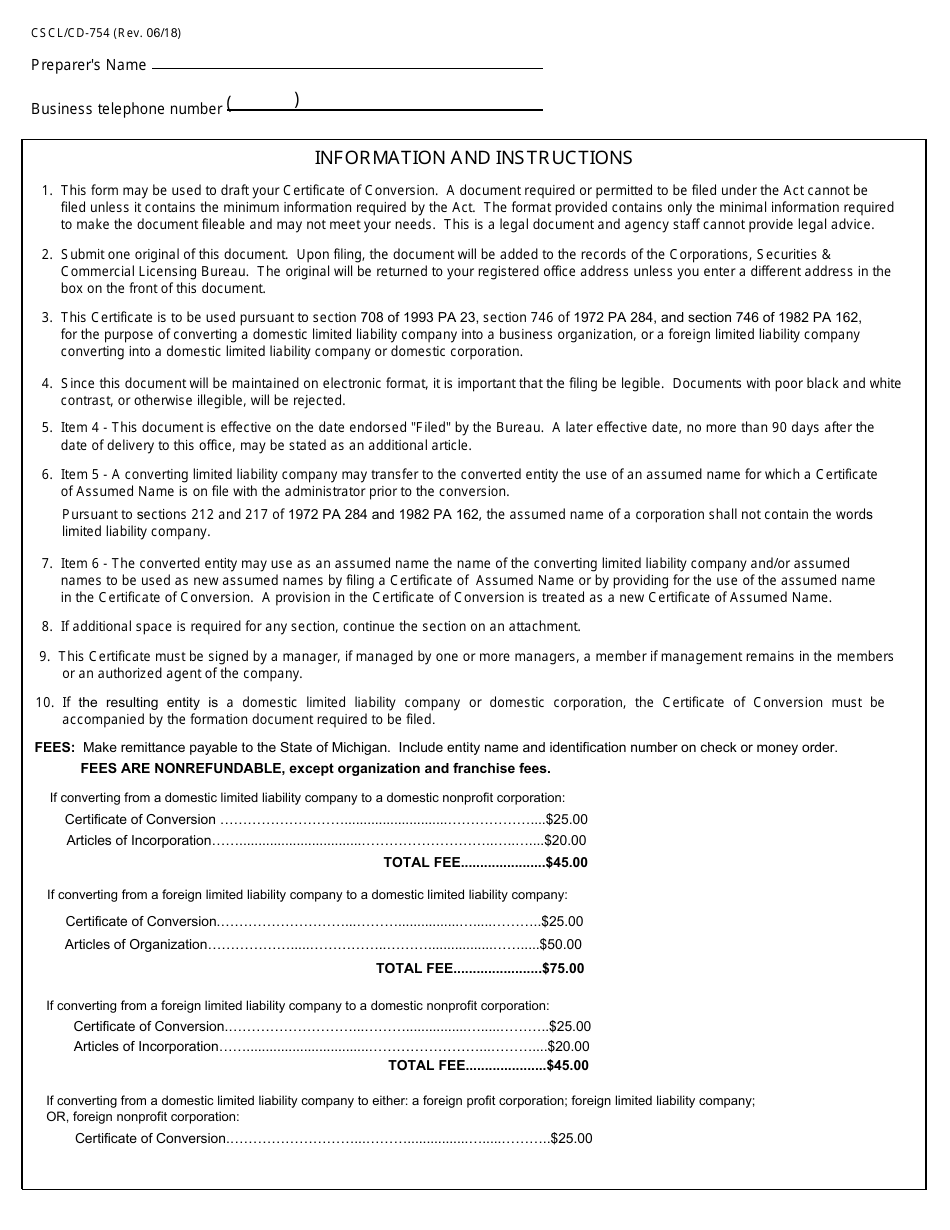 Form CSCL / CD-754 Certificate of Conversion for Use by a Limited Liability Company Converting Into a Business Organization - Michigan, Page 5