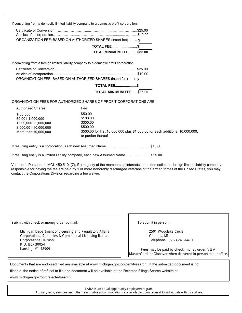 Form CSCL / CD-754 Certificate of Conversion for Use by a Limited Liability Company Converting Into a Business Organization - Michigan, Page 6