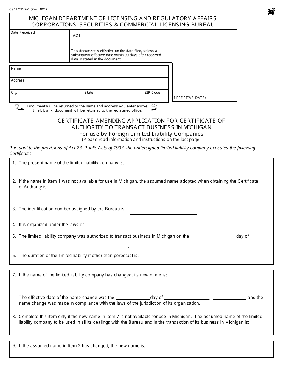 Form CSCL / CD-762 Certificate Amending Application for Certificate Ofauthority to Transact Business in Michigan for Use by Foreign Limited Liability Companies - Michigan, Page 1