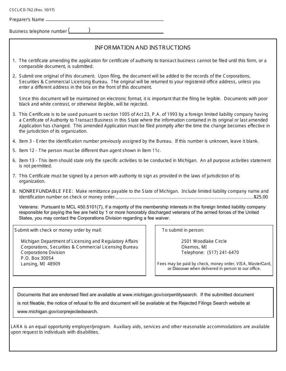 Form CSCL / CD-762 Certificate Amending Application for Certificate Ofauthority to Transact Business in Michigan for Use by Foreign Limited Liability Companies - Michigan, Page 3