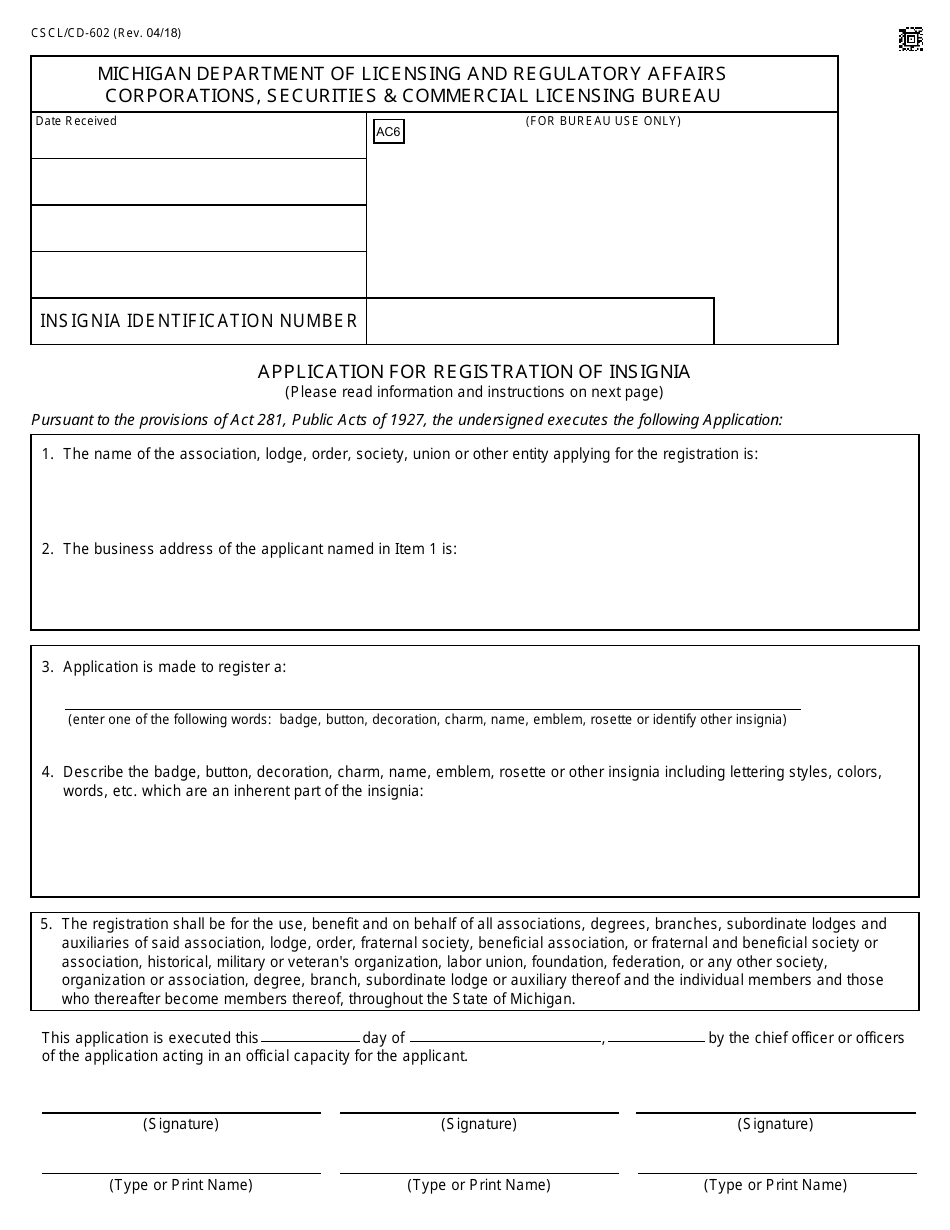 Form CSCL / CD-602 Application for Registration of Insignia - Michigan, Page 1