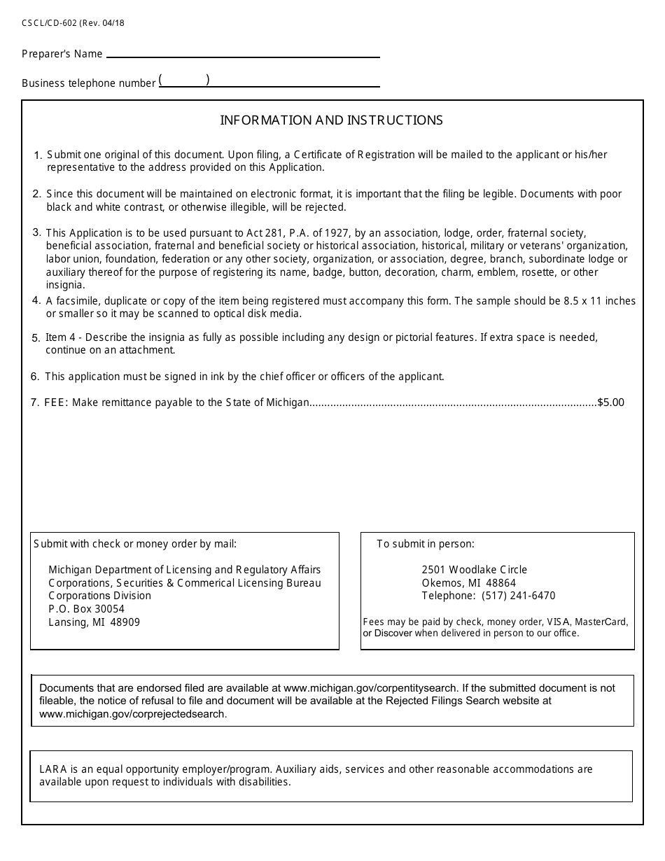 Form CSCL / CD-602 Application for Registration of Insignia - Michigan, Page 2