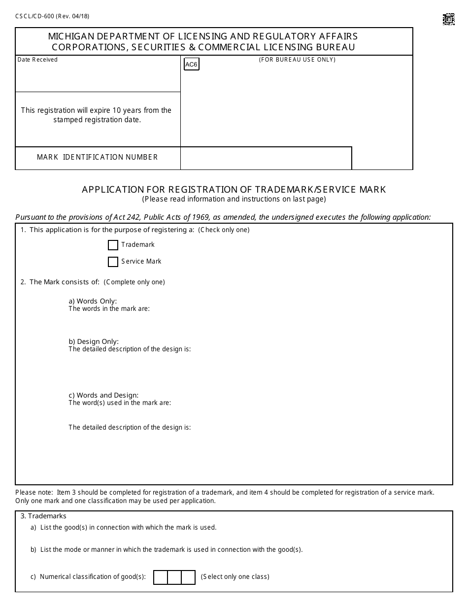 Form CSCL / CD-600 Application for Registration of Trademark / Service Mark - Michigan, Page 1
