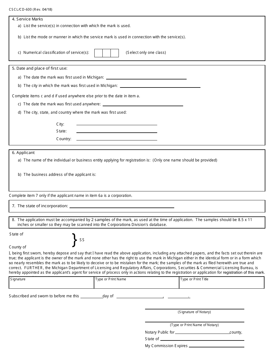 Form CSCL / CD-600 Application for Registration of Trademark / Service Mark - Michigan, Page 2