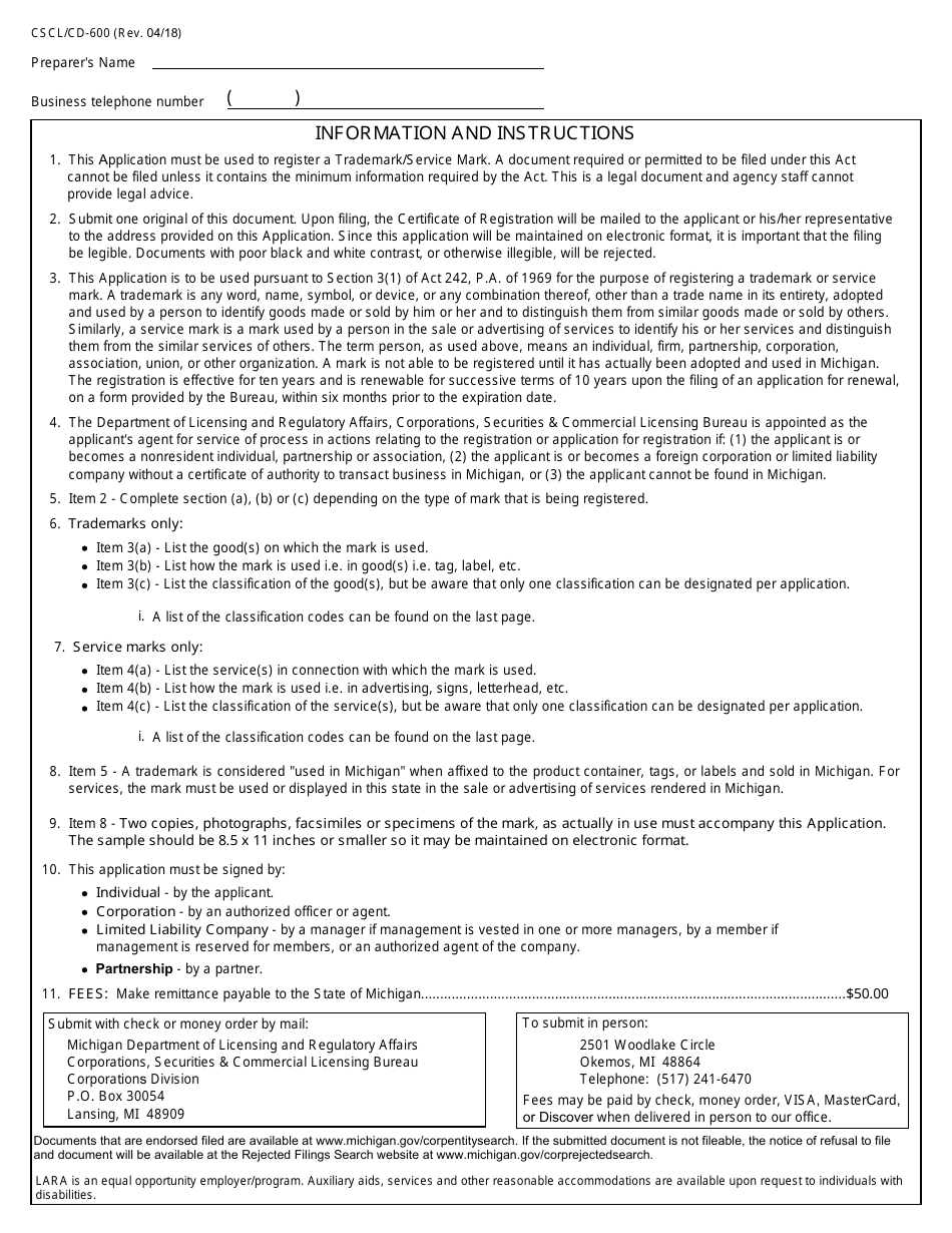 Form CSCL / CD-600 Application for Registration of Trademark / Service Mark - Michigan, Page 3