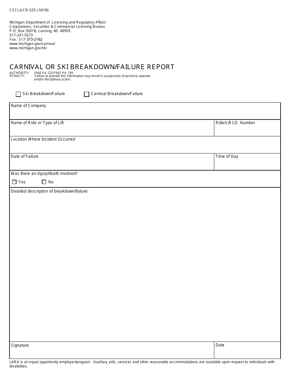 Form CSCL / LCR-525 Carnival or Ski Breakdown / Failure Report - Michigan, Page 1
