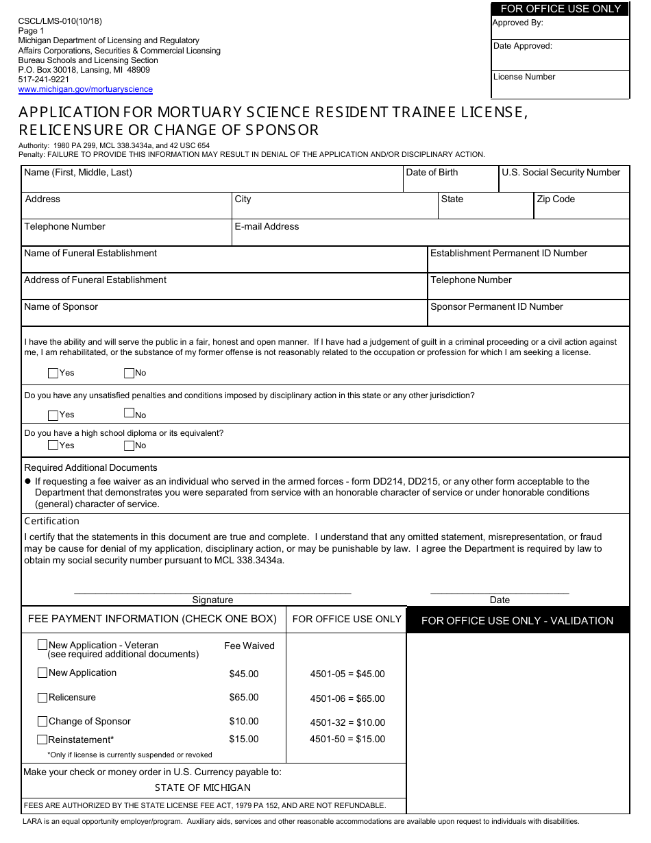 Form CSCL / LMS-010 Application for Mortuary Science Resident Trainee License,relicensure or Change of Sponsor - Michigan, Page 1