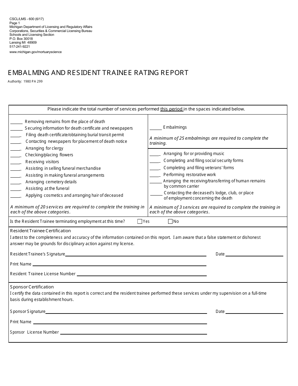 Form CSCL / LMS-600 Embalming and Resident Trainee Rating Report - Michigan, Page 1