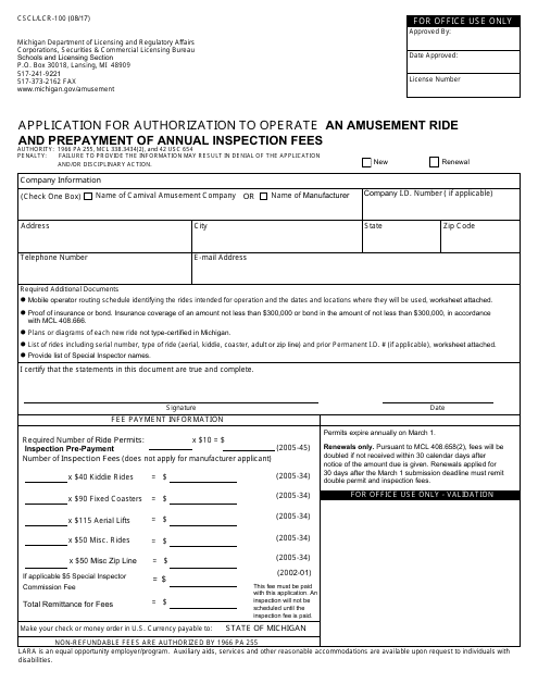 Form CSCL/LCR-100 Application for Authorization to Operate an Amusement Ride and Prepayment of Annual Inspection Fees - Michigan