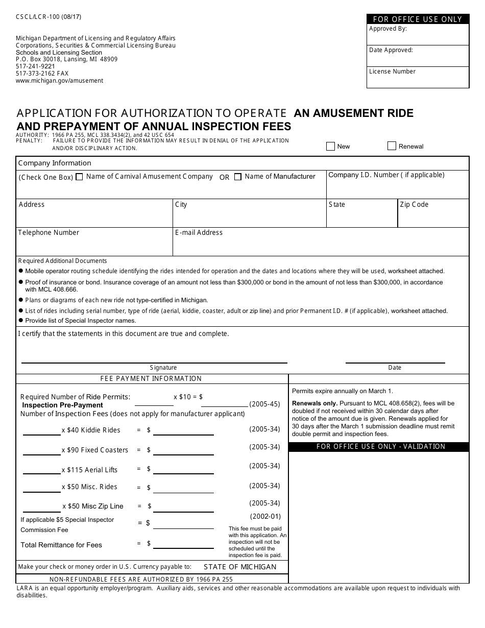 Form CSCL / LCR-100 Application for Authorization to Operate an Amusement Ride and Prepayment of Annual Inspection Fees - Michigan, Page 1