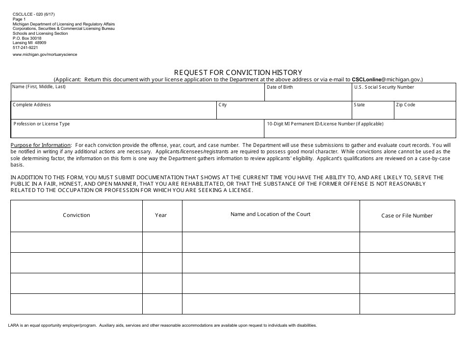 Form CSCL / LCE-020 Request for Conviction History - Michigan, Page 1