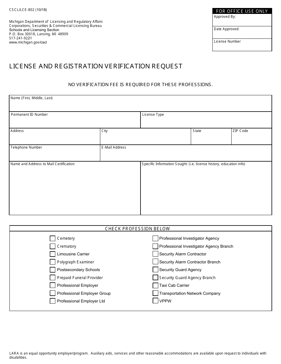 Form CSCL / LCE-802 License and Registration Verification Request - Michigan, Page 1