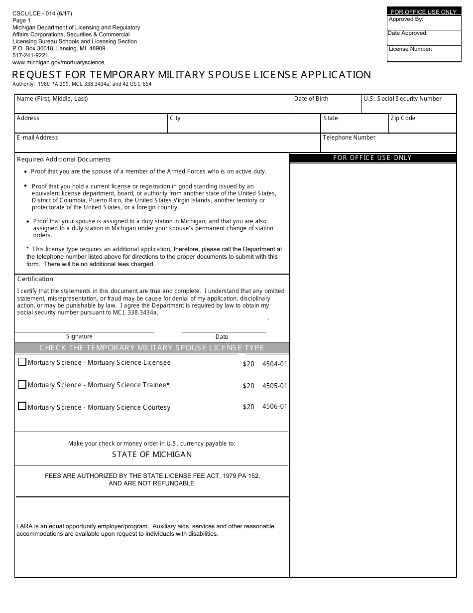 Form CSCL / LCE-014 Request for Temporary Military Spouse License Application - Michigan, Page 1