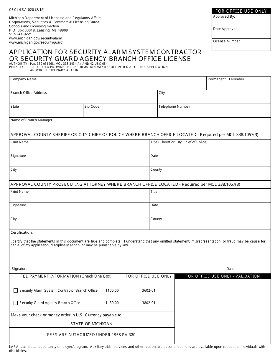 Form CSCL / LSA-020 Application for Security Alarm System Contractor or Security Guard Agency Branch Office License - Michigan, Page 1