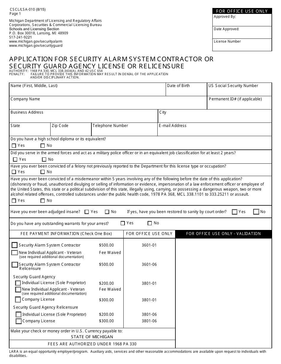 Form CSCL/LSA010 Download Fillable PDF or Fill Online Application for Security Alarm System