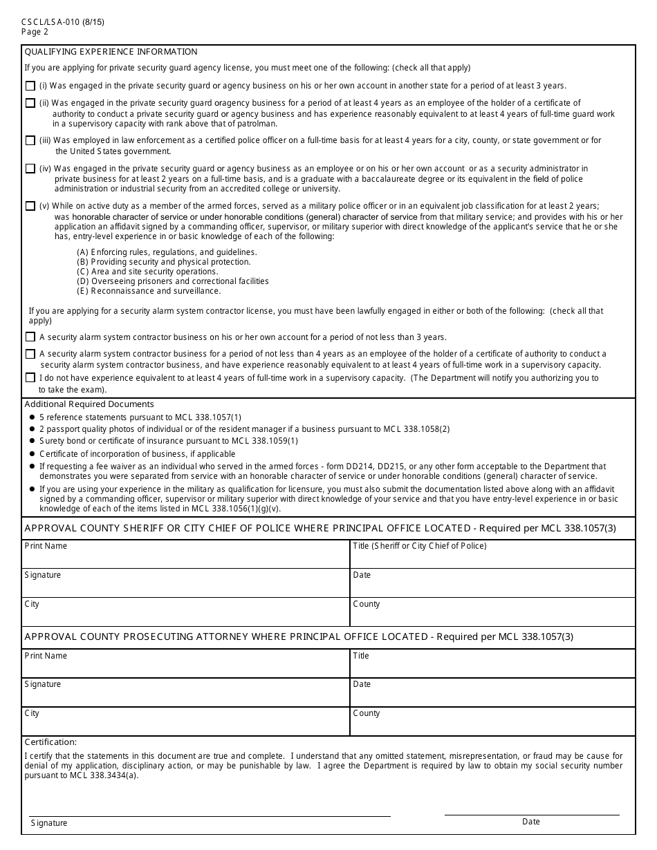 Form CSCL / LSA-010 Application for Security Alarm System Contractor or Security Guard Agency License or Relicensure - Michigan, Page 2