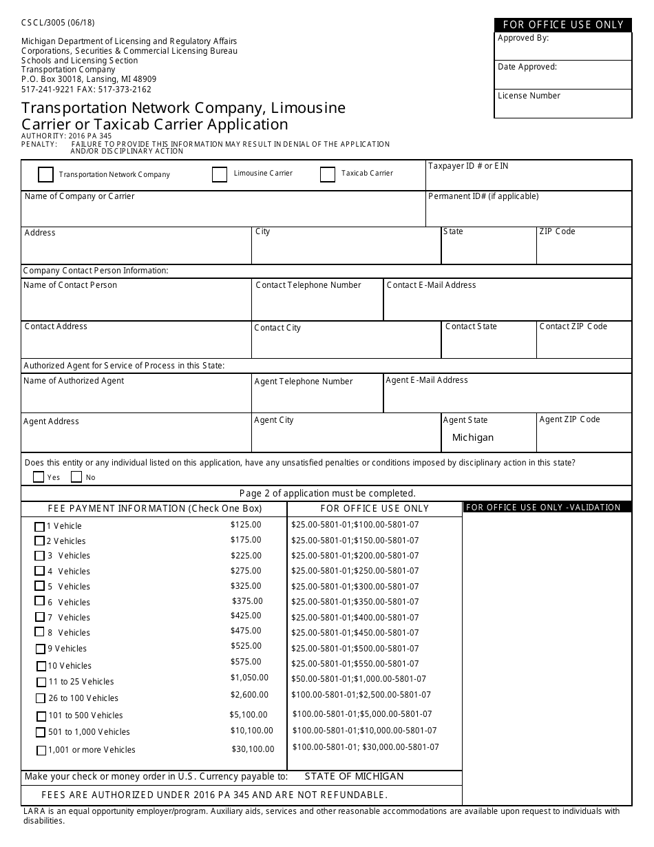 Form CSCL / 3005 Transportation Network Company, Limousine Carrier or Taxicab Carrier Application - Michigan, Page 1