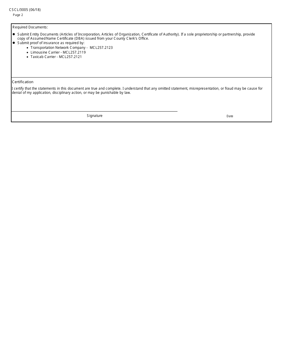 Form CSCL / 3005 Transportation Network Company, Limousine Carrier or Taxicab Carrier Application - Michigan, Page 2