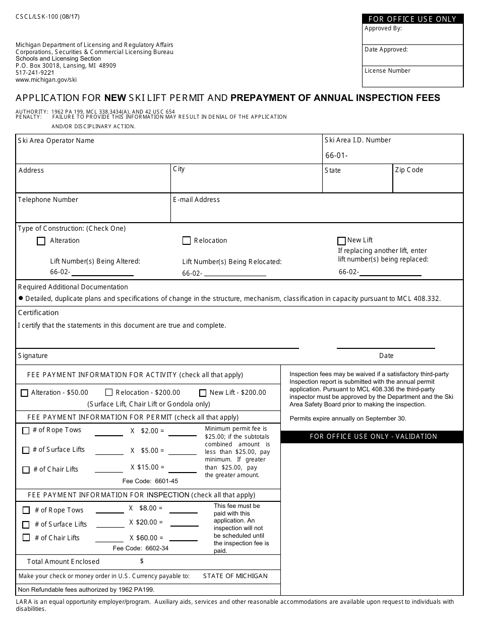 Form CSCL/LSK-100 Application for New Ski Lift Permit and Prepayment of Annual Inspection Fees - Michigan, Page 1