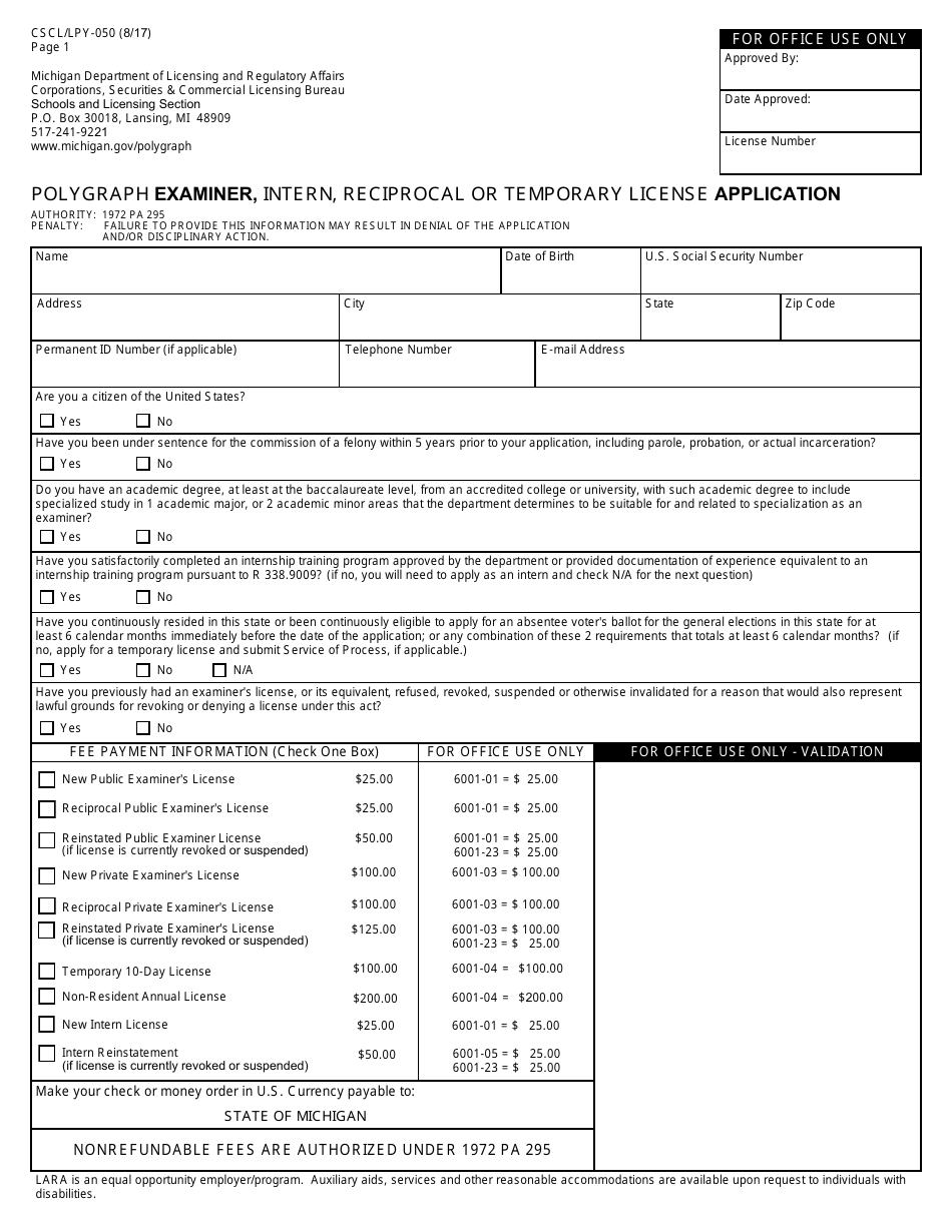 Form CSCL / LPY-050 Polygraph Examiner,intern, Reciprocal or Temporary License Application - Michigan, Page 1