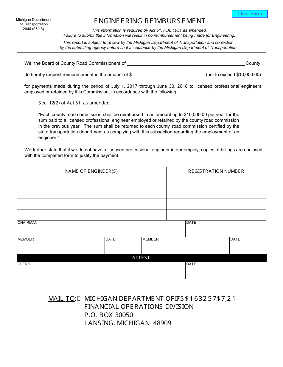 Form 2044 Engineering Reimbursement - Michigan, Page 1