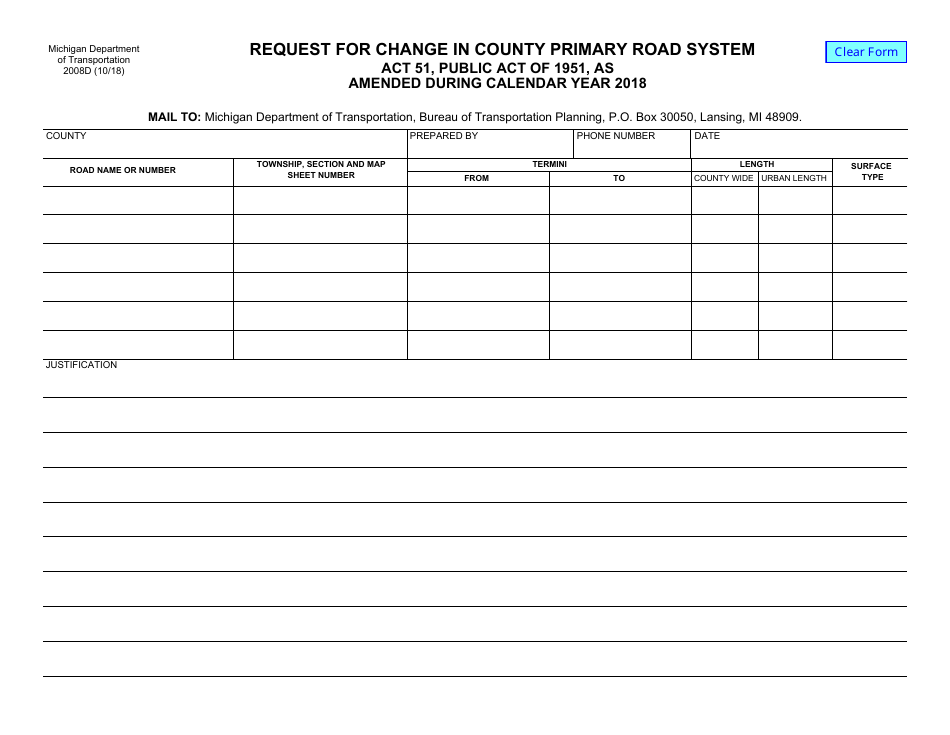 Form 2008D Request for Change in County Primary Road System - Michigan, Page 1