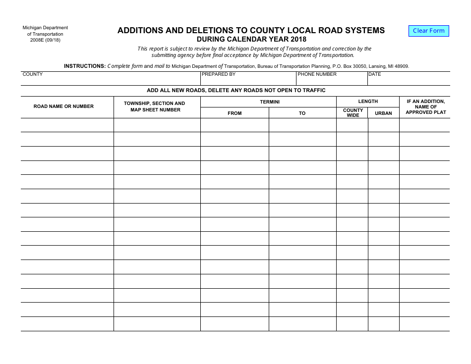 Form 2008E Additions and Deletions to County Local Road Systems - Michigan, Page 1