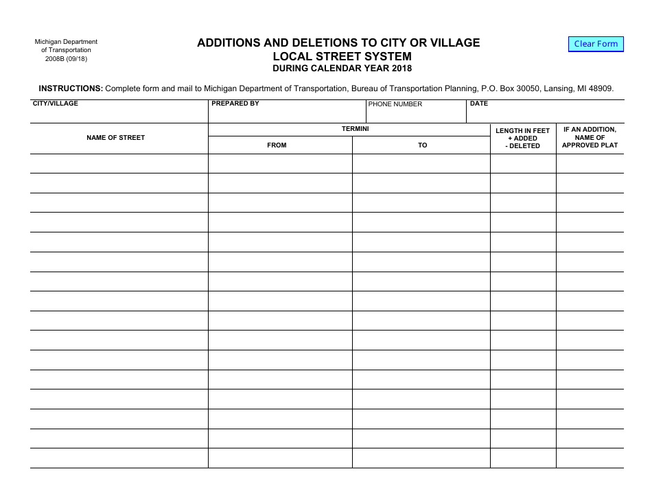 Form 2008B Additions and Deletions to City or Village Local Street System - Michigan, Page 1