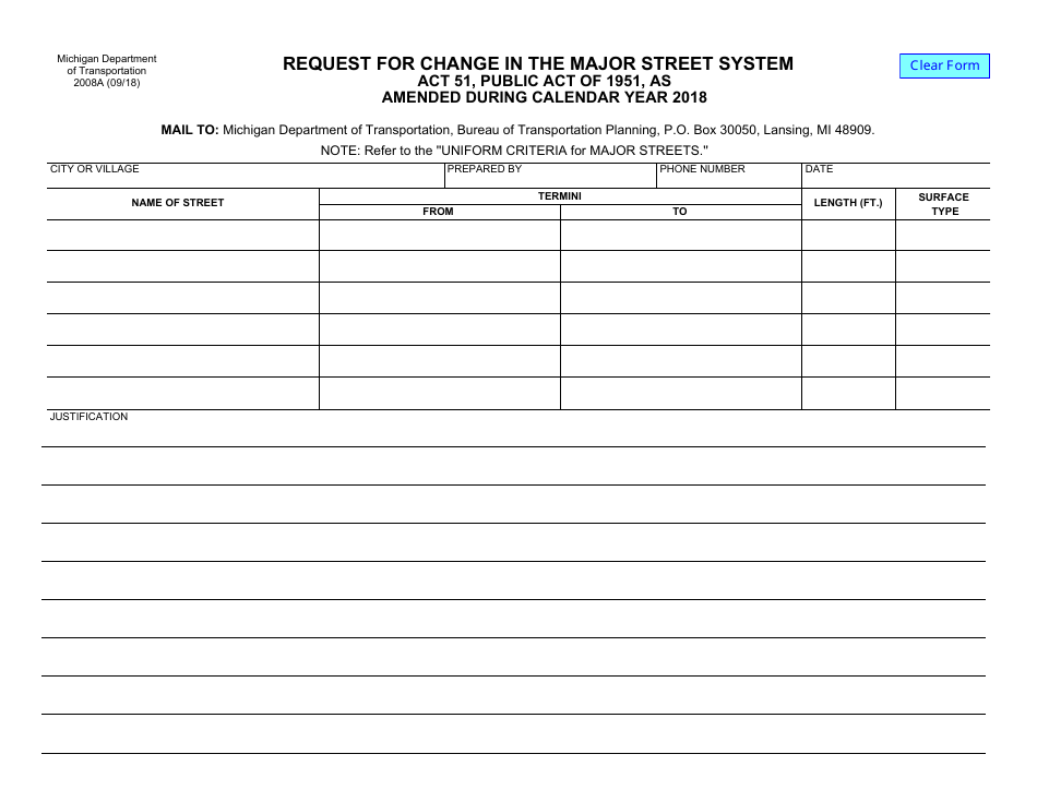 Form 2008A Request for Change in the Major Street System - Michigan, Page 1