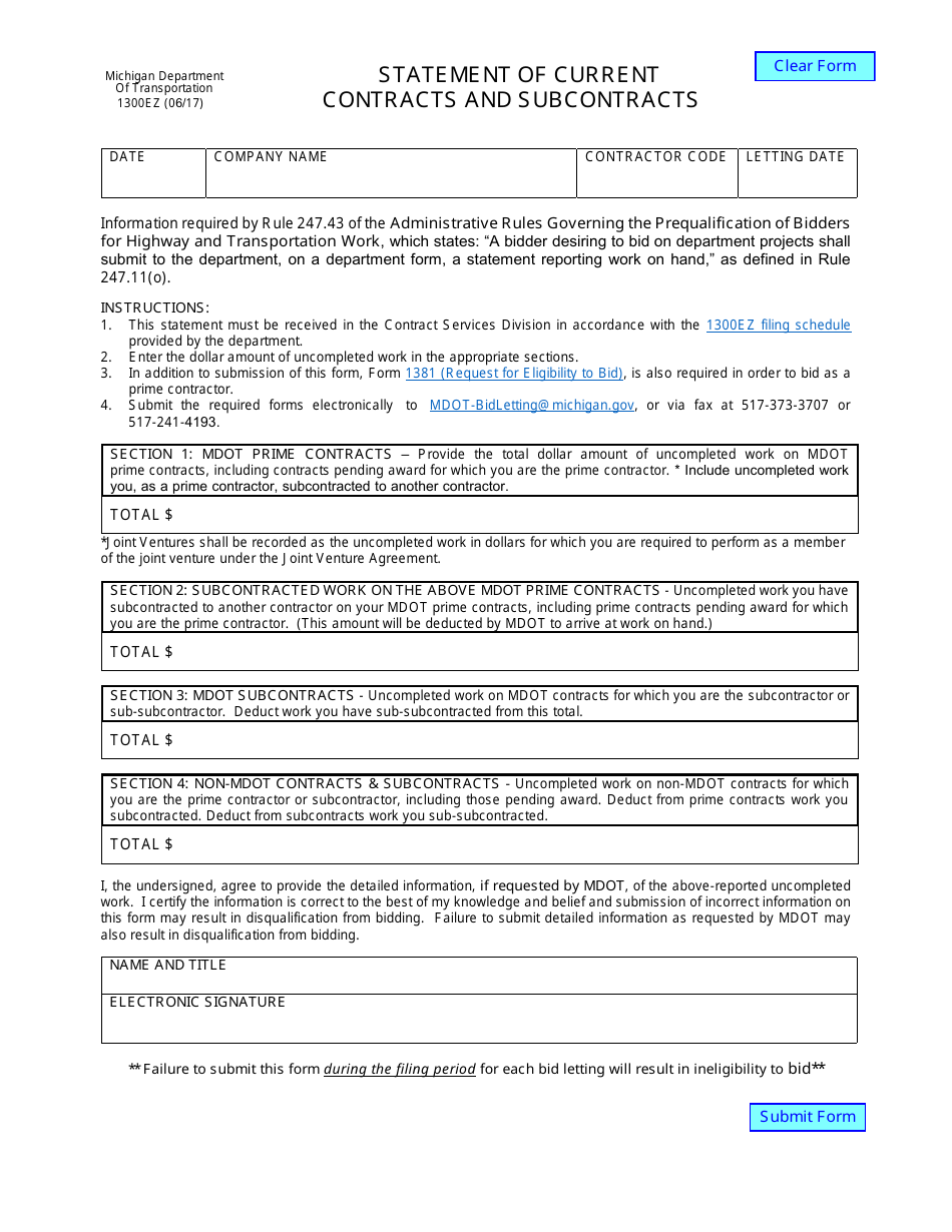 Form 1300EZ Statement of Current Contracts and Subcontracts - Michigan, Page 1