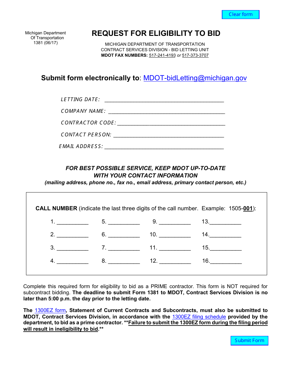 Form 1381 Request for Eligibility to Bid - Michigan, Page 1