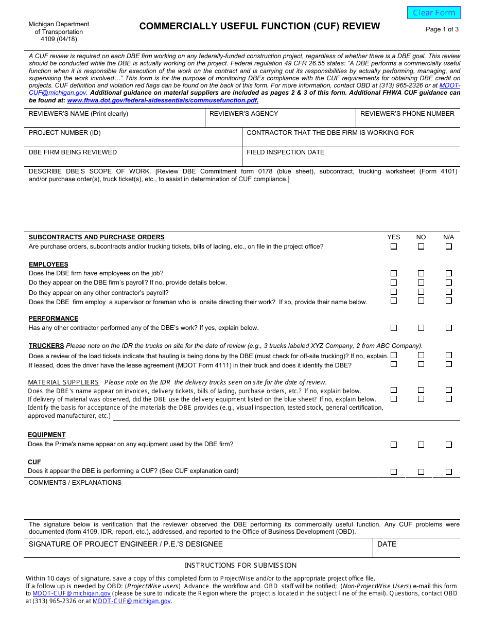 Form 4109 Commercially Useful Function (Cuf) Review - Michigan, Page 1